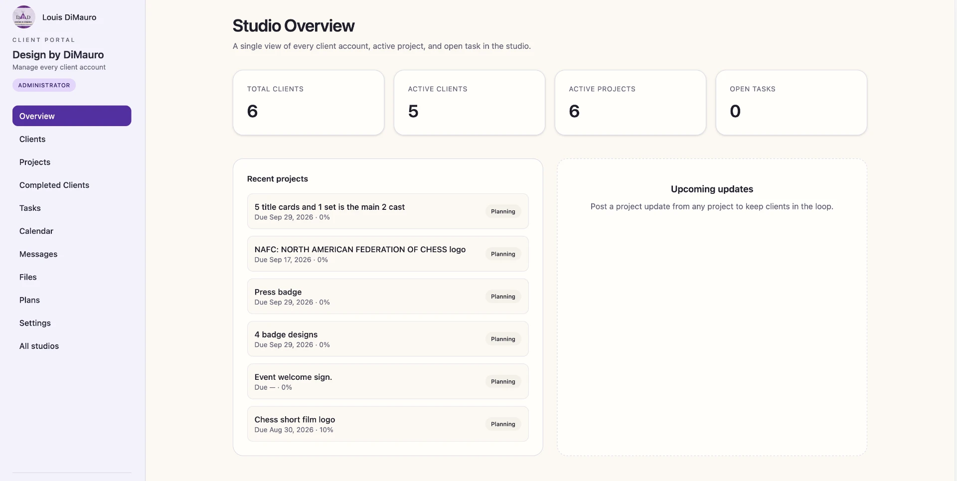 DBD Project Portals studio overview dashboard showing client counts, recent projects and upcoming updates